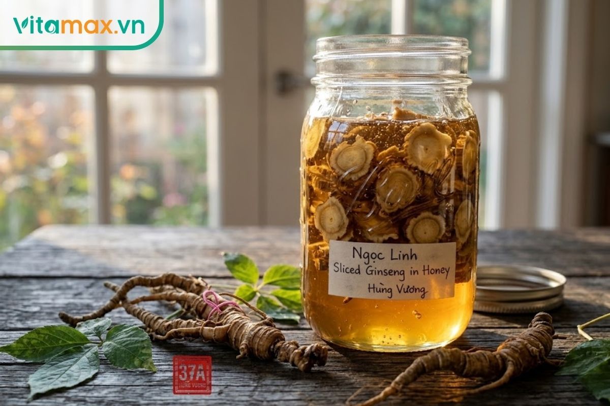 Hũ thủy tinh đựng sâm Ngọc Linh thái lát ngâm mật ong rừng nguyên chất đặt trên bàn gỗ, dưới ánh sáng tự nhiên.