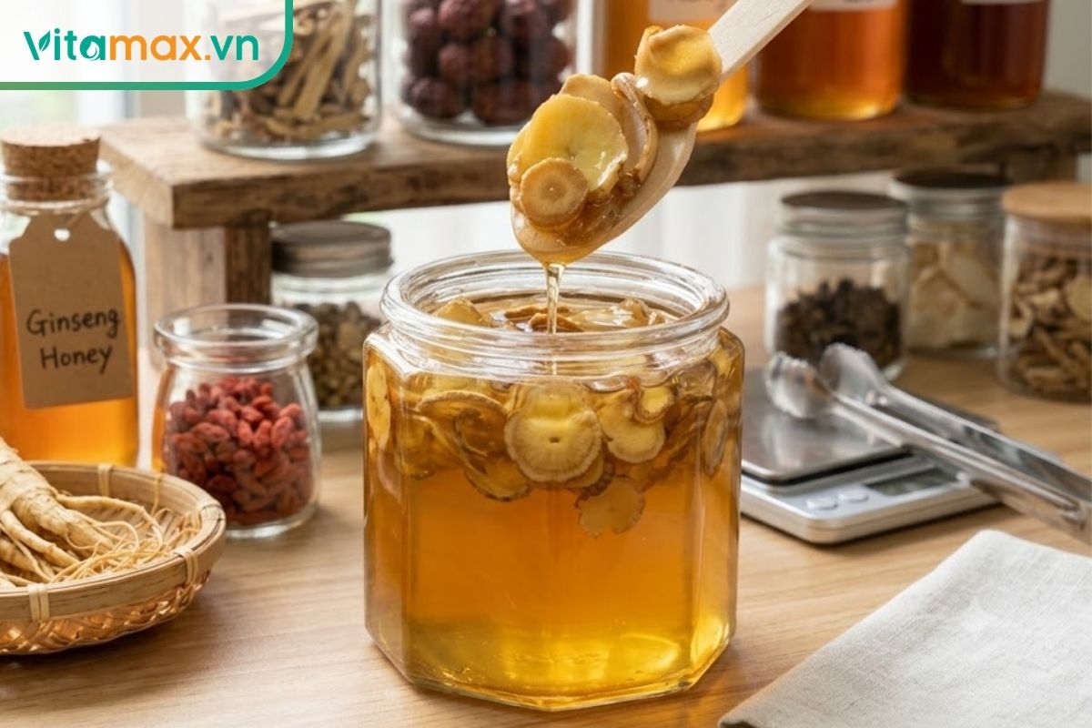 Một chiếc thìa gỗ đang múc mật ong vàng óng ánh, đặc sánh từ trong hũ thủy tinh, bên trong lớp mật ong có lẫn những lát sâm ngâm mỏng, bối cảnh ngập tràn ánh sáng tự nhiên.