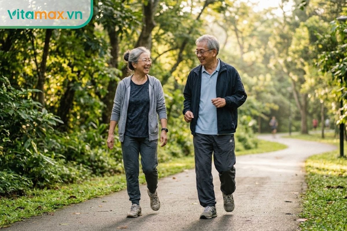 Hai người lớn tuổi đang đi bộ tập thể dục buổi sáng ngoài công viên, minh chứng cho việc dùng sâm ngọc linh có tác dụng gì trong việc phục hồi.