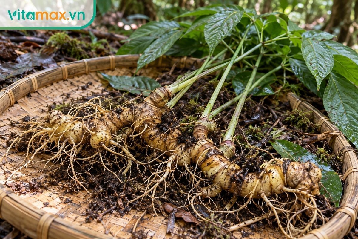 Củ sâm Ngọc Linh với thân rễ bò ngang, nhiều đốt và rễ tơ đặt trên khay tre trong bối cảnh rừng ẩm dưới tán.