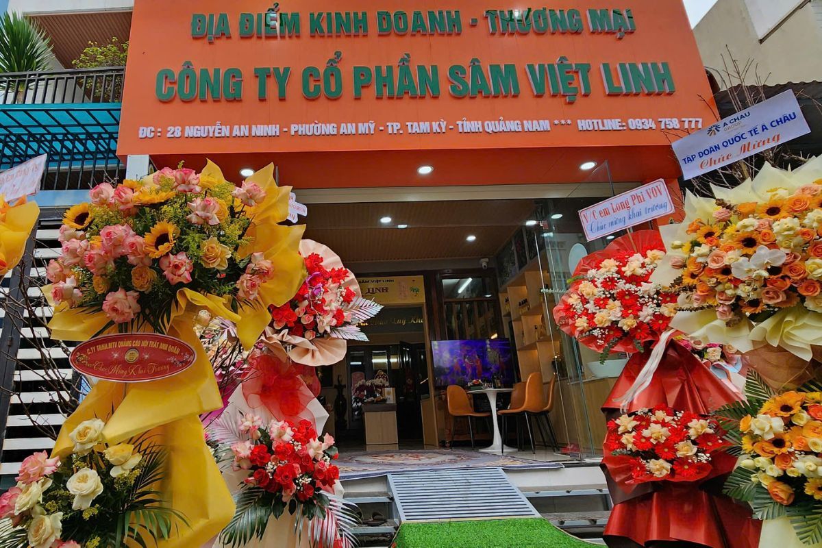 ối vào địa điểm kinh doanh thương mại công ty cổ phần Sâm Việt Linh tại Tam Kỳ ngập tràn lẵng hoa chúc mừng khai trương.
