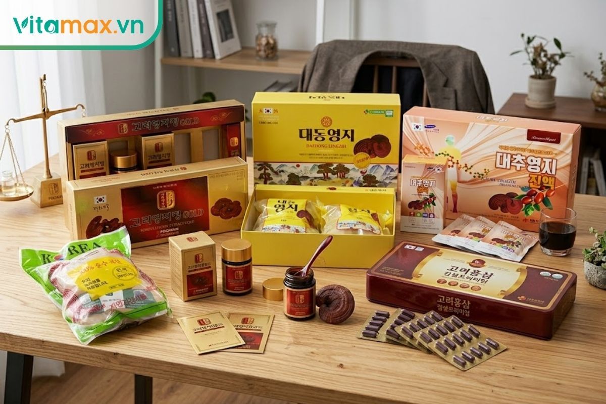 Các dạng nấm linh chi khô, cao chiết, nước uống và viên phối hợp được sắp xếp để người mua so sánh dạng sử dụng.
