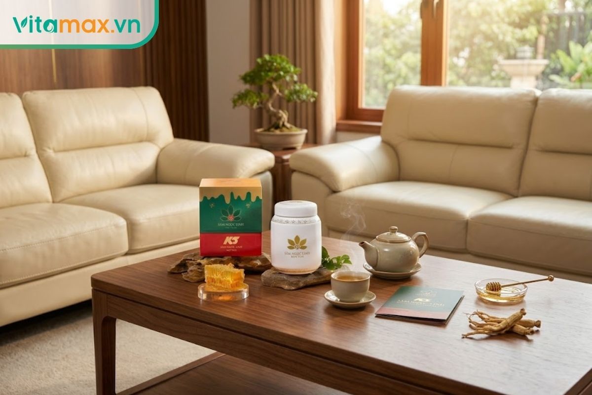 Hũ sâm Ngọc Linh ngâm mật ong thành phẩm với tem nhãn chỉn chu đặt cạnh tách trà nóng trên bàn phòng khách.
