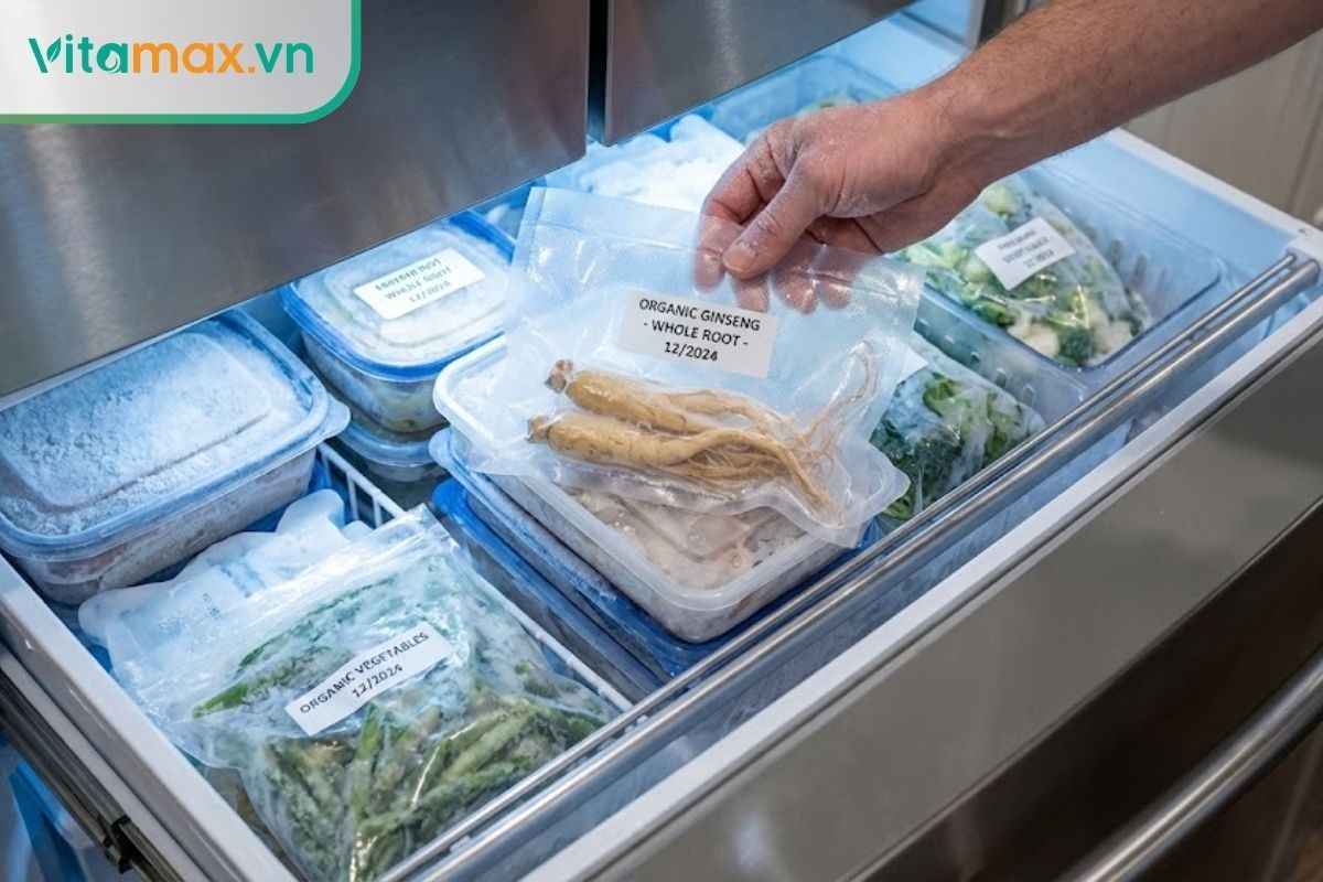 Đặt túi sâm có dán nhãn ngày tháng vào ngăn đá tủ lạnh gọn gàng.