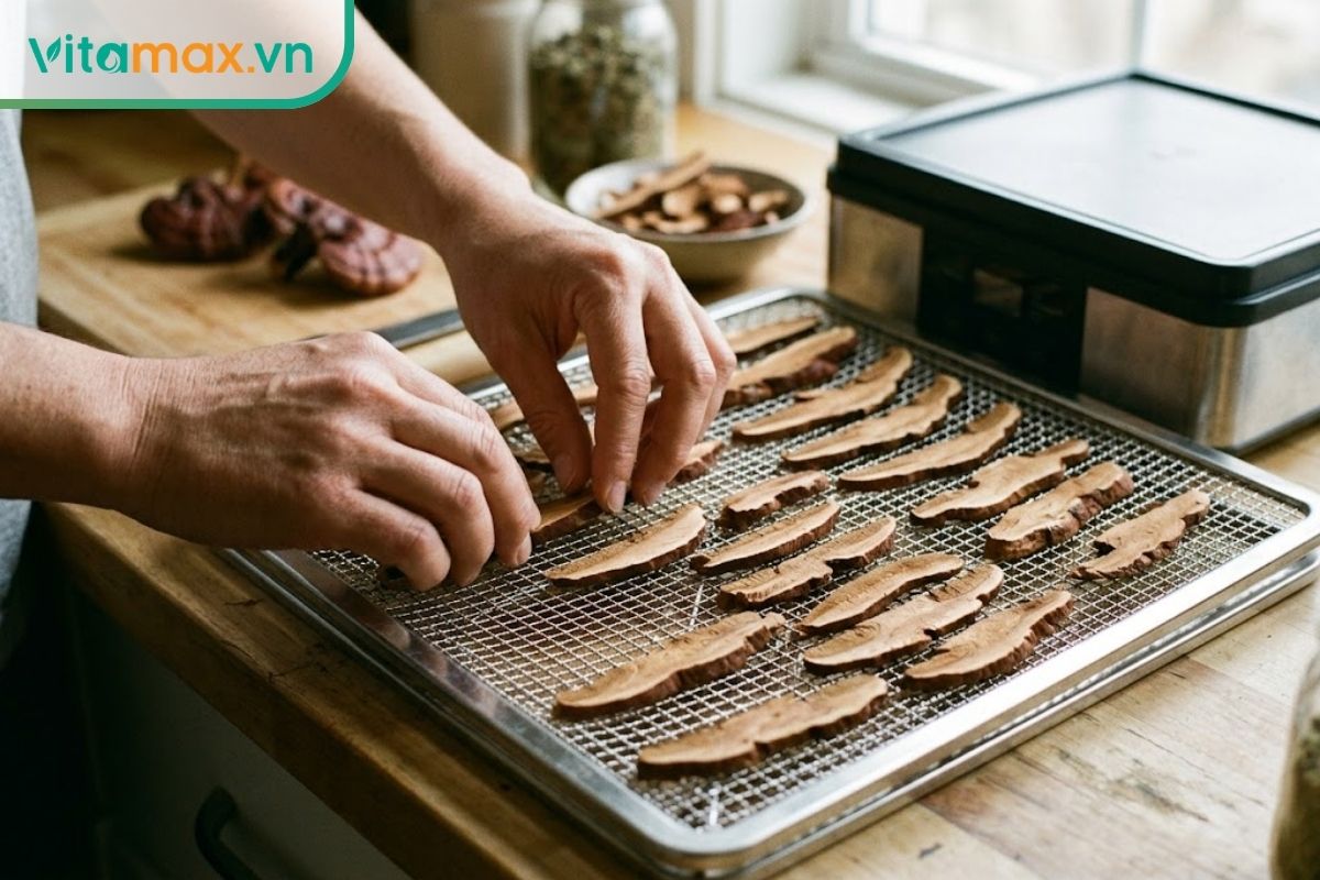 Các lát nấm linh chi được xếp thành một lớp riêng biệt trên khay sấy, không chồng lên nhau để thoát ẩm đều.