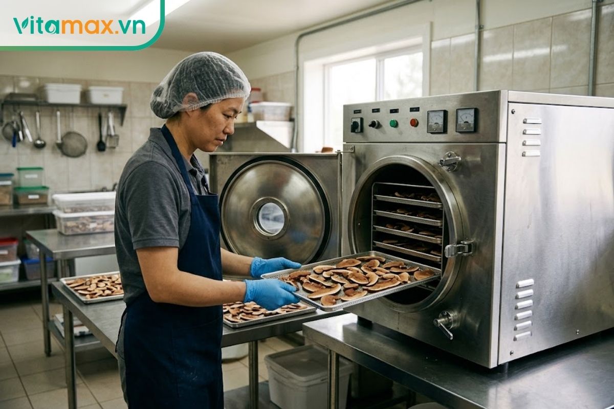 Các lát nấm linh chi đặt trên khay trong thiết bị sấy thăng hoa chuyên dụng tại khu vực sơ chế sạch.