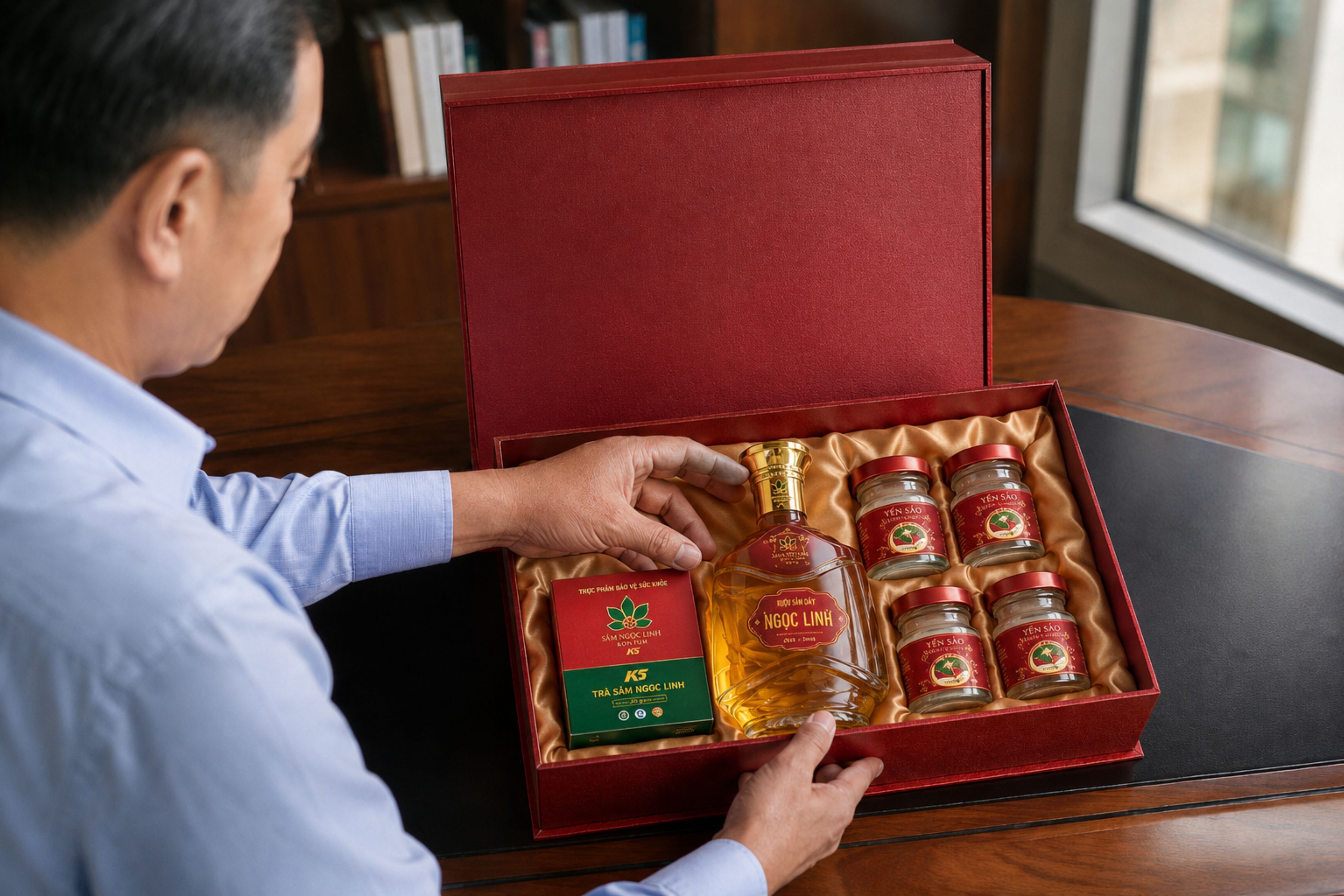 Hộp quà biếu cao cấp bao gồm chai rượu sâm Ngọc Linh ngâm sẵn sang trọng, giải pháp quà tặng sức khỏe tuyệt vời dành cho đối tác và người thân.