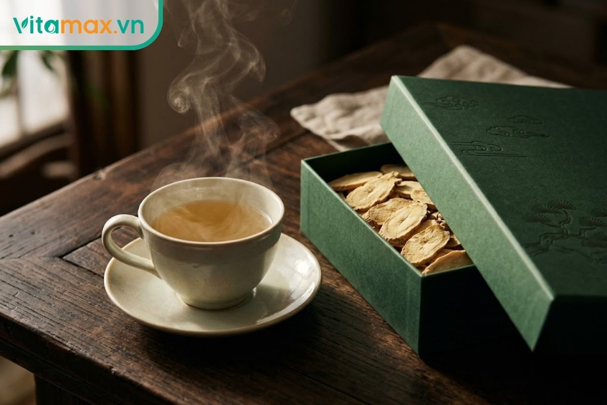 Một tách trà sâm trong vắt màu vàng nhạt đặt trên đĩa sứ, bên cạnh là một hộp quà tặng cao cấp có họa tiết truyền thống tinh tế, bối cảnh sang trọng, ấm cúng.
