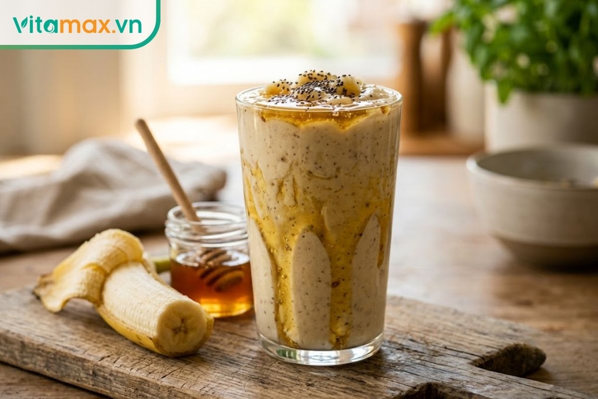 Một ly thủy tinh chứa sinh tố chuối và sữa chua đặc mịn, bên trên rắc một ít hạt chia và một vệt mật ong nguyên chất chạy quanh thành ly.