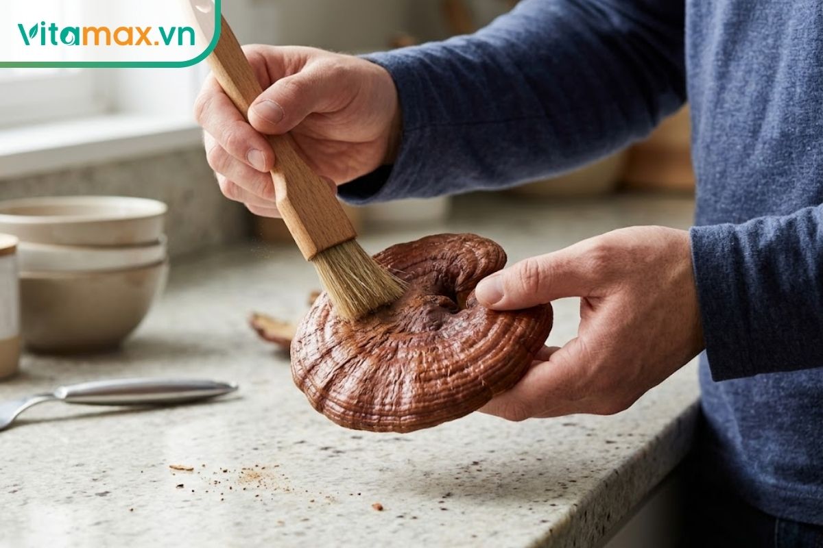 Đôi bàn tay đang dùng một chiếc chổi lông cọ mềm nhẹ nhàng quét lớp bụi mỏng trên bề mặt tai nấm linh chi khô, bối cảnh bàn bếp gia đình ánh sáng tự nhiên.