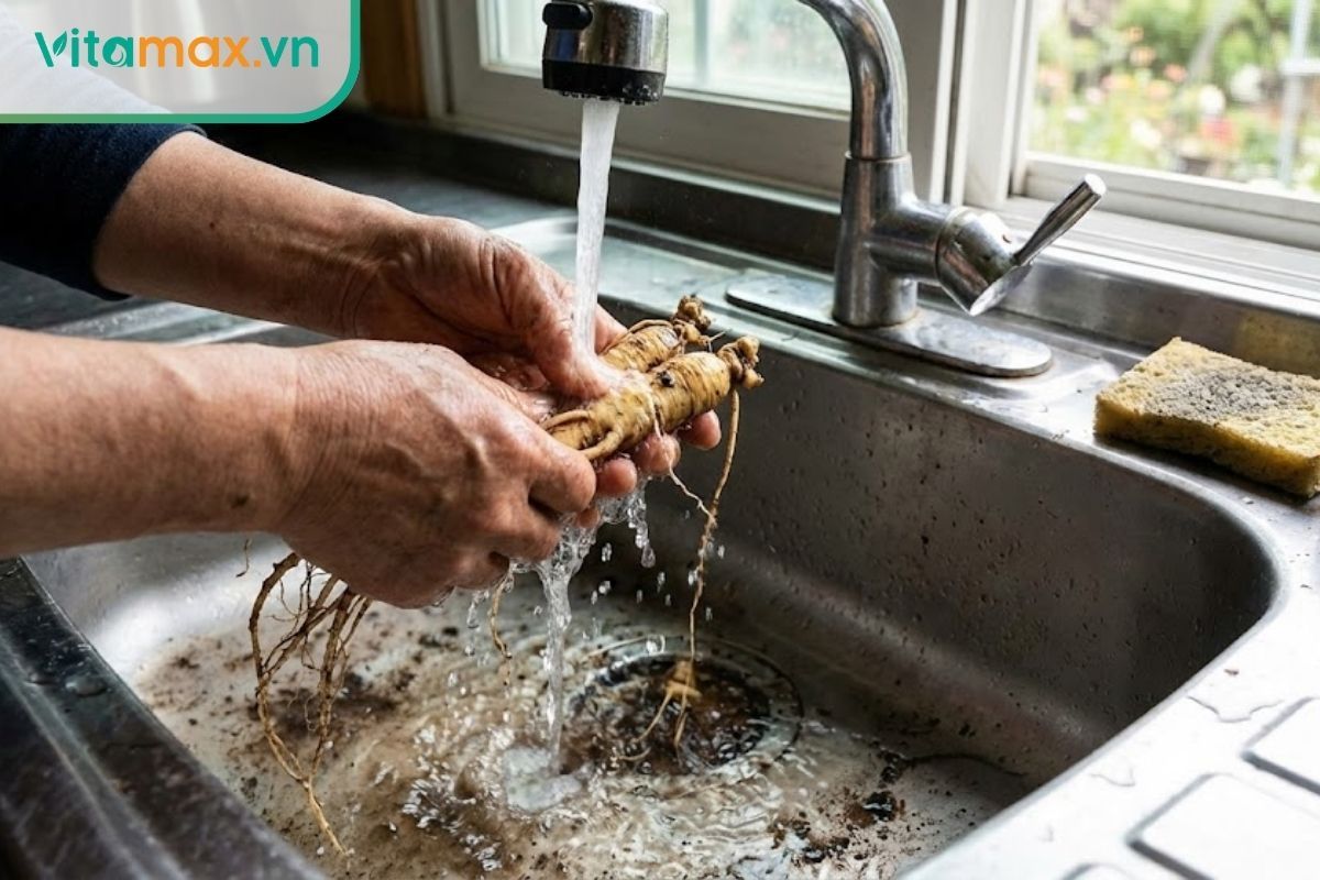 cận cảnh người đang rửa sạch đất bám trên củ sâm tươi dưới vòi nước chảy