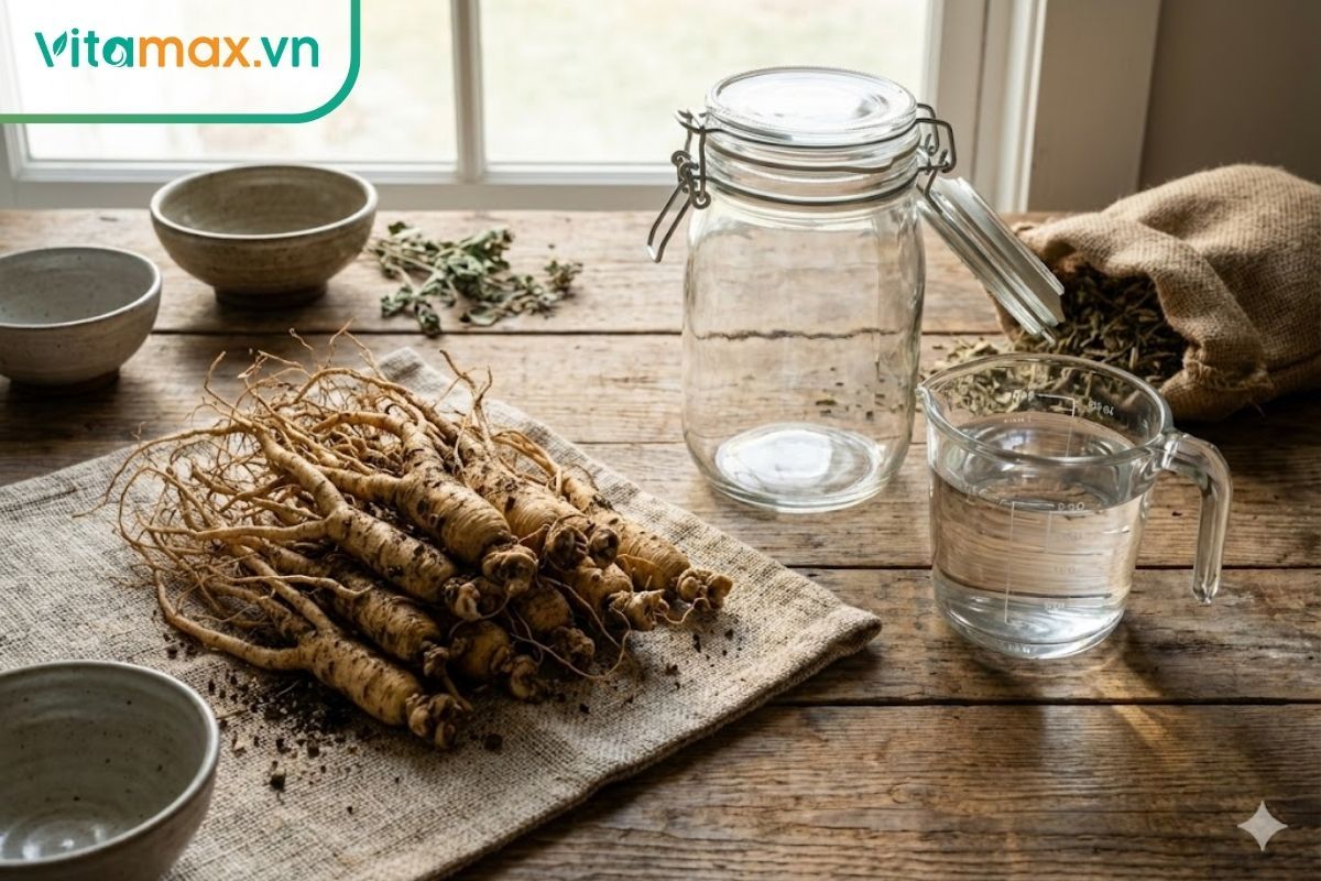 1kg sâm tươi hàn quốc đặt cạnh bình thủy tinh và can rượu trắng trên bàn gỗ