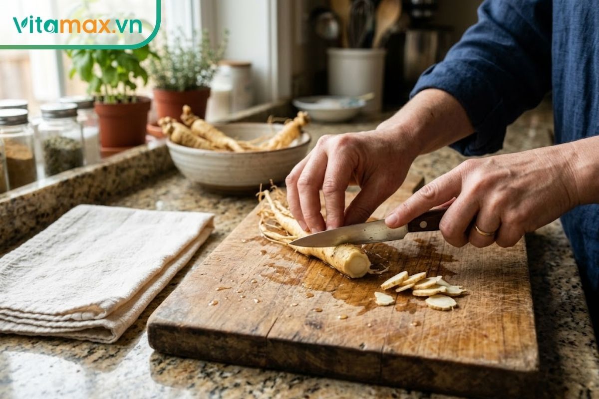 Để ráo nước hoặc dùng khăn sạch thấm khô củ sâm tươi trước khi thái lát ngâm mật ong.