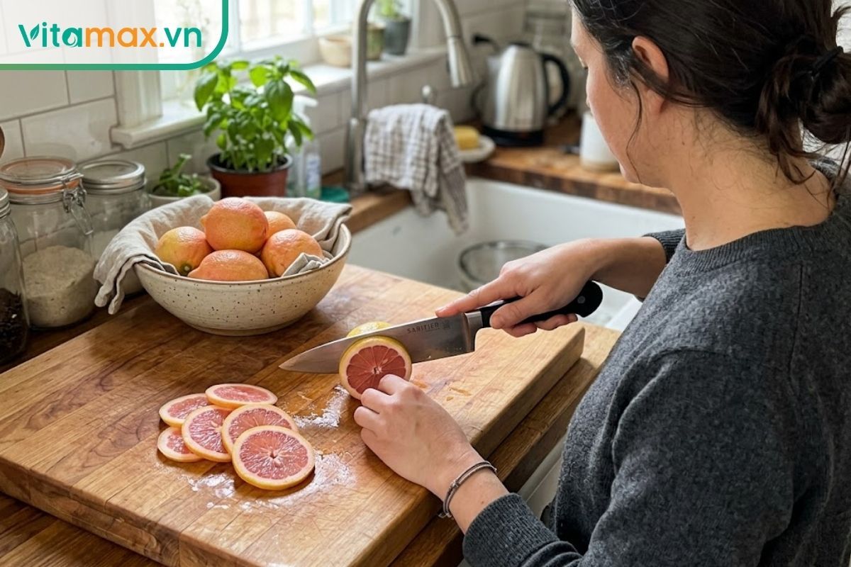 Công đoạn sơ chế và thái lát chanh đào cẩn thận trên thớt gỗ trước khi ngâm mật ong.