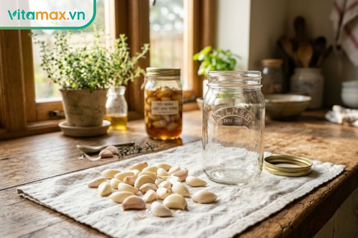 Phơi và lau khô hoàn toàn các tép tỏi tươi trên khăn sạch trước khi ngâm với mật ong.