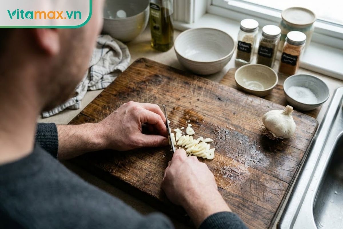 Đôi tay đang dùng dao thái lát mỏng từng tép tỏi trên chiếc thớt gỗ.