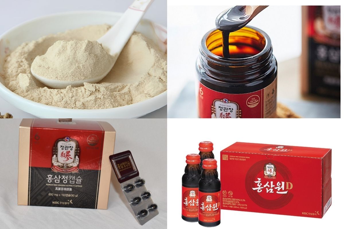 Hình ảnh so sánh 4 dạng hồng sâm phổ biến: dạng bột, dạng cao đặc, dạng viên và dạng nước tiện lợi.