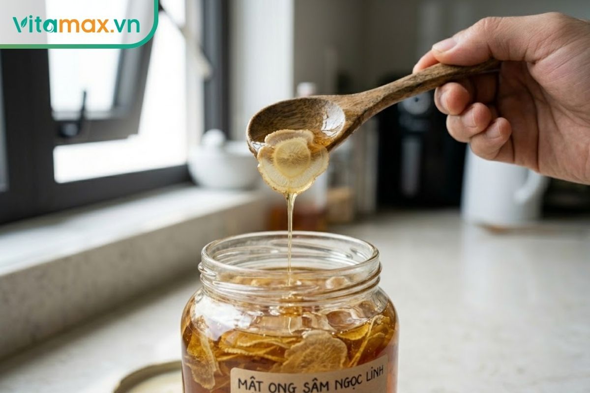 Khách hàng sử dụng điện thoại thông minh quét mã QR truy xuất nguồn gốc trên nắp hộp sâm Ngọc Linh ngâm mật ong để kiểm tra hàng chính hãng.