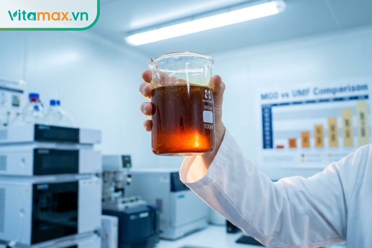 Chuyên gia đang kiểm định chất lượng mật ong Manuka trong phòng thí nghiệm để xác định chỉ số MGO và UMF.