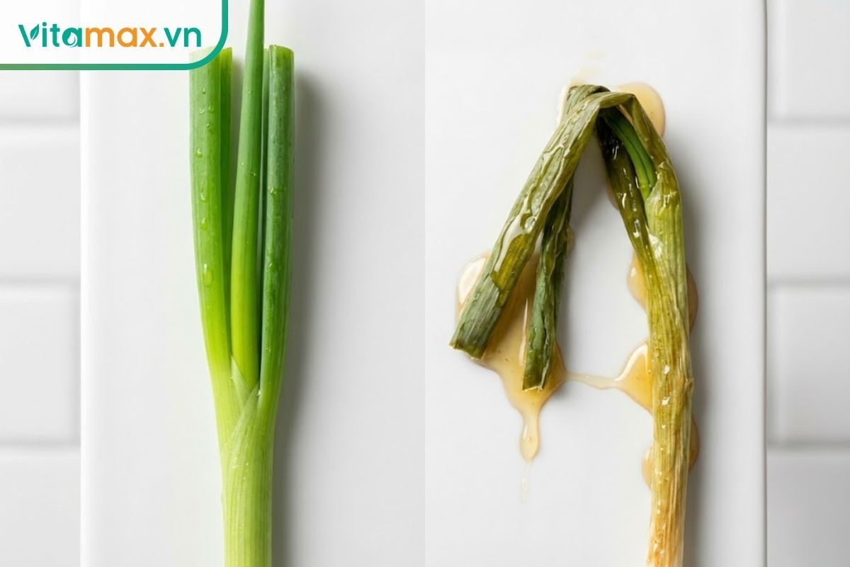 Hình ảnh chia đôi: Bên trái là cọng hành tươi xanh, bên phải là cọng hành đã héo quắt và xỉn màu sau khi nhúng mật.