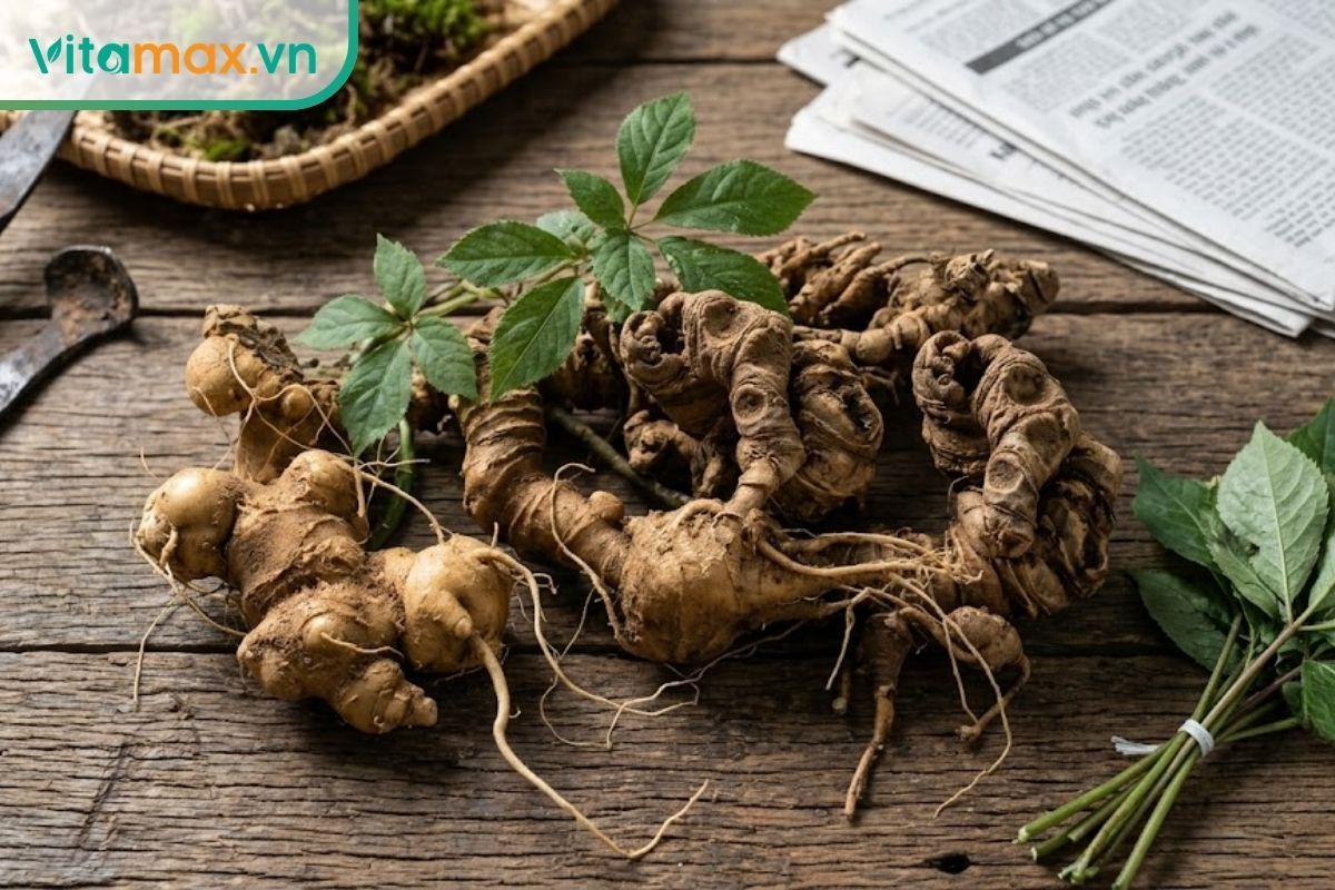 Hai củ sâm được đặt cạnh nhau trên mặt bàn gỗ sồi. Một củ cong queo, thô ráp, nhiều sẹo và rễ nhánh lòa xòa. Củ còn lại có hình dáng thuôn thẳng, bề mặt nhẵn nhụi và đều đặn hơn.