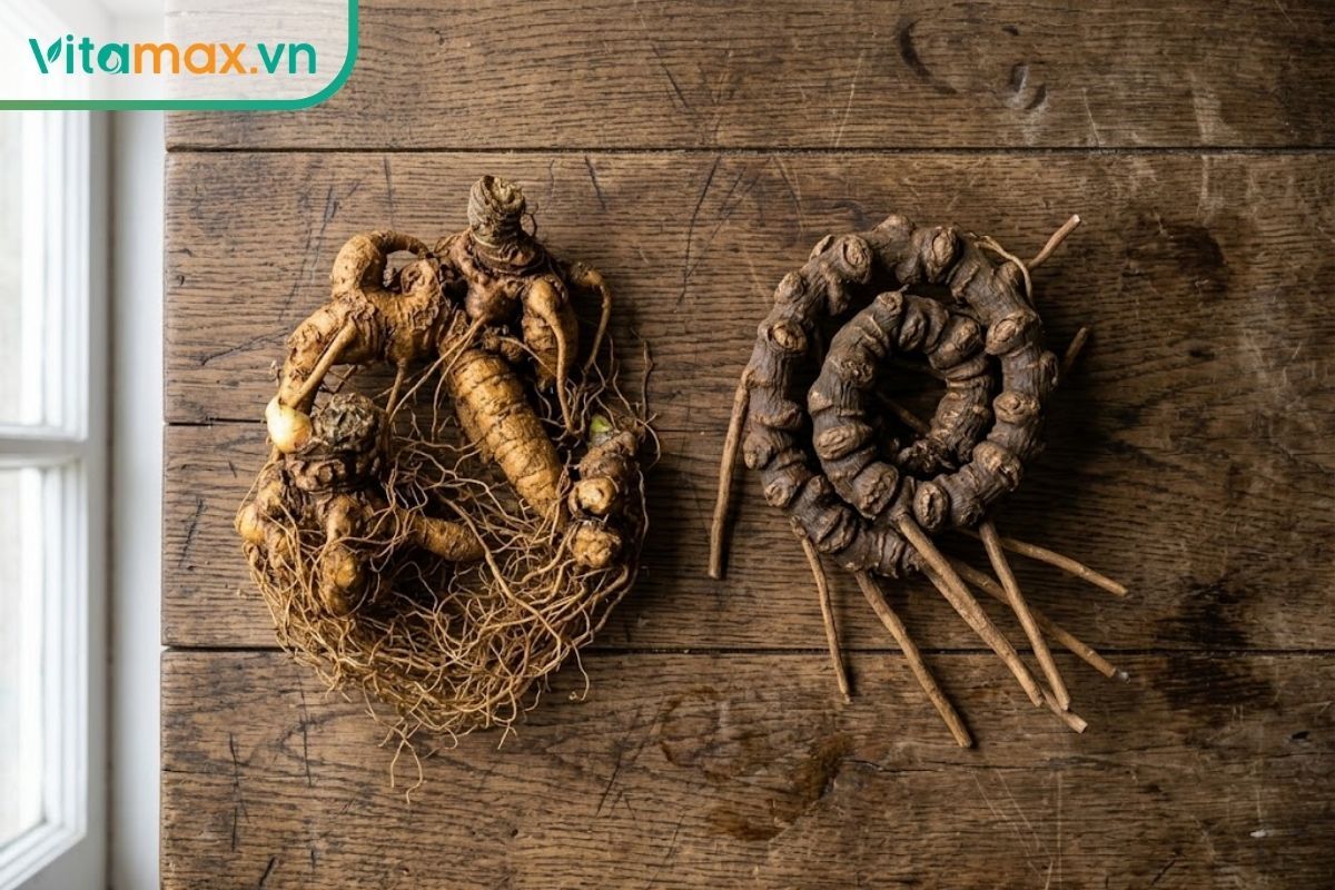 Hình ảnh chụp từ trên xuống đặt cạnh nhau hai loại củ thảo dược: bên trái là sâm Ngọc Linh có thân gồ ghề và mắt so le, bên phải là tam thất có thân thẳng dẹt và mắt đều hơn, trên nền bàn gỗ mộc.