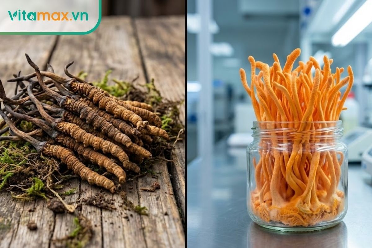 So sánh hình ảnh đông trùng hạ thảo Cordyceps militaris nuôi cấy (màu cam) và loại tự nhiên (màu nâu).