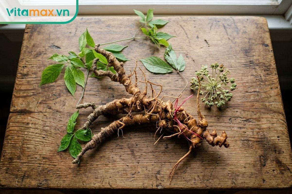 Cận cảnh thực tế hình dáng và màu sắc của hoa sâm Ngọc Linh sấy khô đặt cạnh phần củ và lá nguyên bản.