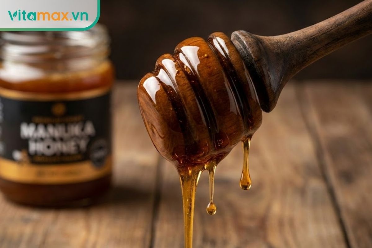 So sánh kết cấu sánh đặc và màu nâu sẫm của mật ong Manuka trên thìa gỗ.