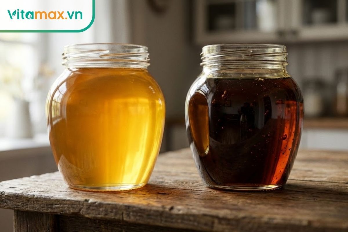 Hai hũ mật ong đặt cạnh nhau, một hũ màu vàng tươi và một hũ mật ong để lâu chuyển màu đen sẫm nhưng vẫn trong suốt.