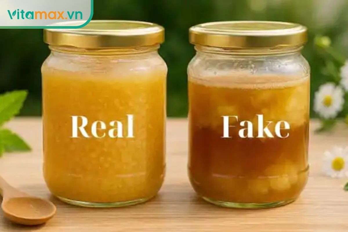 Hình ảnh so sánh hai hũ mật ong: bên trái kết tinh mịn đều, bên phải tách lớp nước và cặn đường thô.