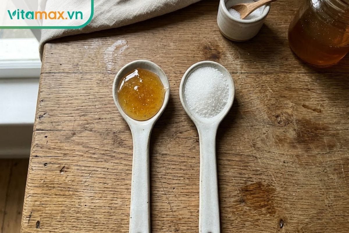 Cận cảnh thực tế so sánh một thìa mật ong nguyên chất và một thìa đường tinh luyện trên bàn bếp để phân biệt giá trị dinh dưỡng