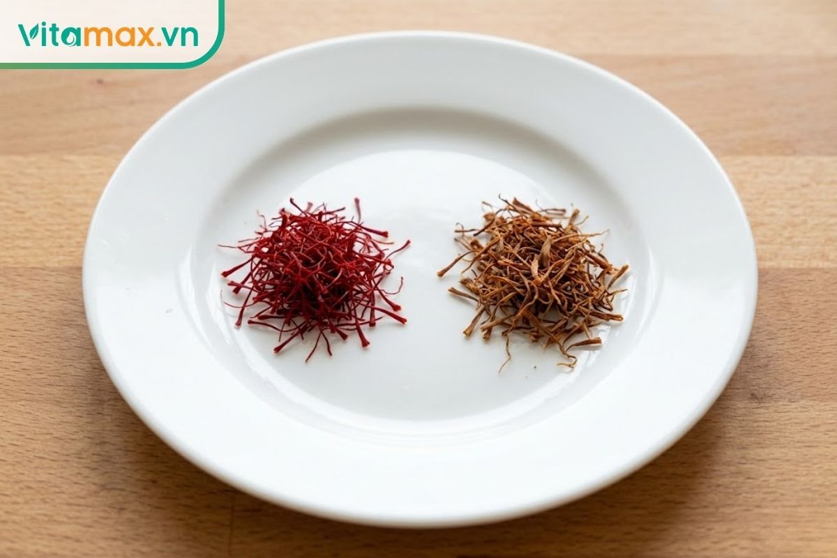 Ảnh so sánh trực quan hai nhúm saffron: bên trái là saffron mới có màu đỏ thẫm rực rỡ, bên phải là saffron để lâu bị oxy hóa chuyển sang màu nâu cam xỉn.