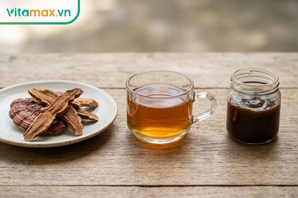 Nấm linh chi khô, tách trà linh chi và hũ cao không nhãn đặt cạnh nhau trên bàn, thể hiện ba dạng sử dụng khác nhau.