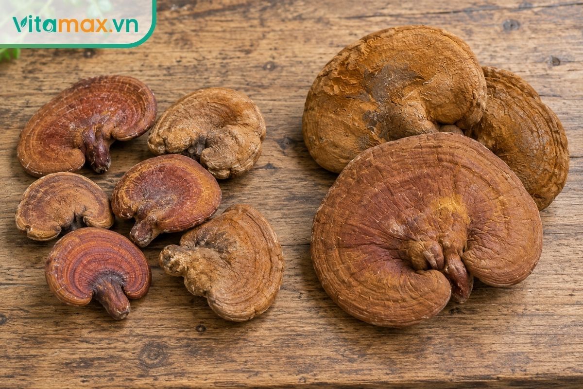 Hai nhóm nấm linh chi nguyên tai có kích thước và độ dày khác nhau được đặt cạnh nhau, minh họa sự khác biệt về hình thức tuyển chọn.
