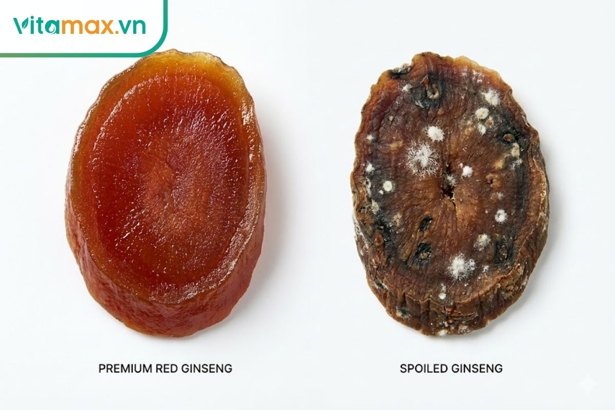 so sánh lát sâm đỏ chất lượng và lát sâm hỏng bị mốc
