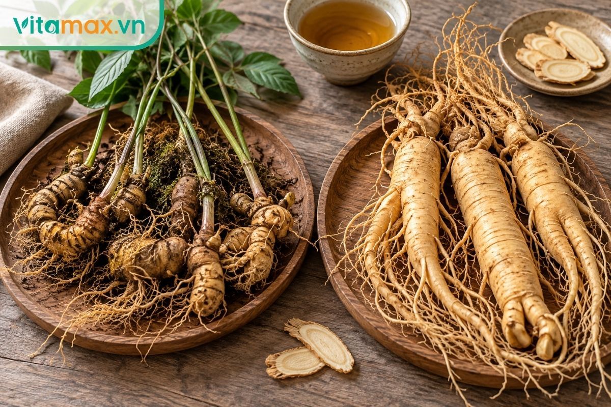 Hai mẫu sâm đặt cạnh nhau trên bàn gỗ, một thân rễ nhiều đốt và một củ sâm dài phân nhánh để gợi chủ đề so sánh.