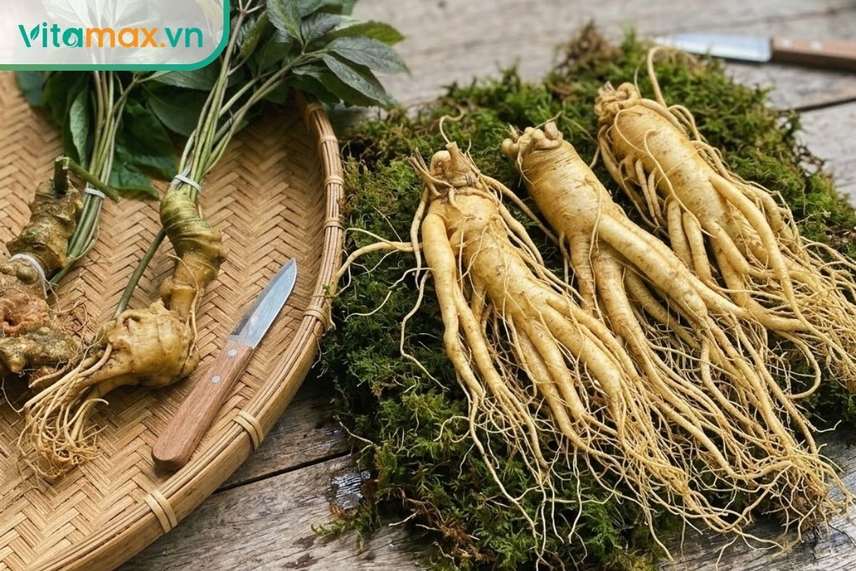 Hai củ sâm tươi đặt cạnh nhau trên mặt bàn gỗ mộc mạc. Bên trái là củ sâm Ngọc Linh với các đốt trúc rõ nét, bên phải là củ sâm Hàn Quốc có dáng đầu to và nhiều rễ phụ.