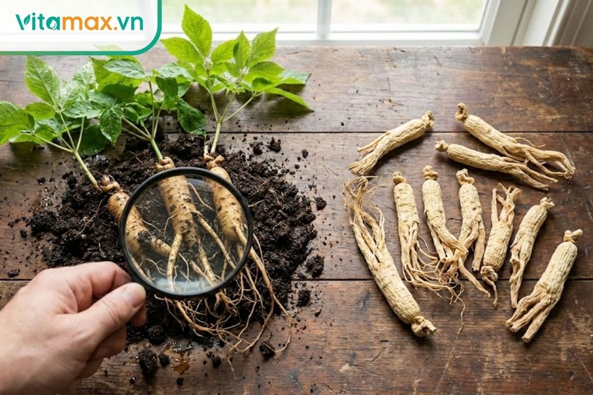 Hình ảnh so sánh củ sâm tươi mọng nước và lát sâm khô đã sấy, minh họa cho sự khác biệt về thời gian bảo quản khi ngâm mật ong.