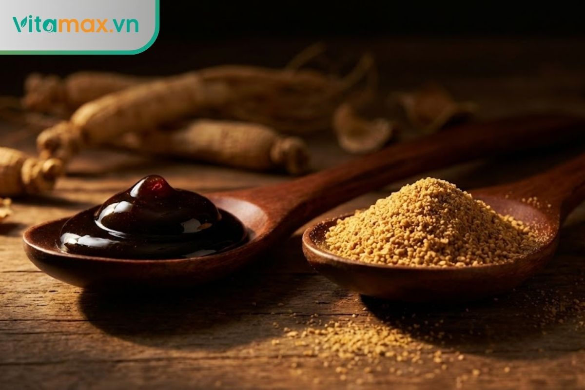 : So sánh kết cấu trà hồng sâm dạng cao tinh chất lỏng (trái) và dạng bột hòa tan (phải).