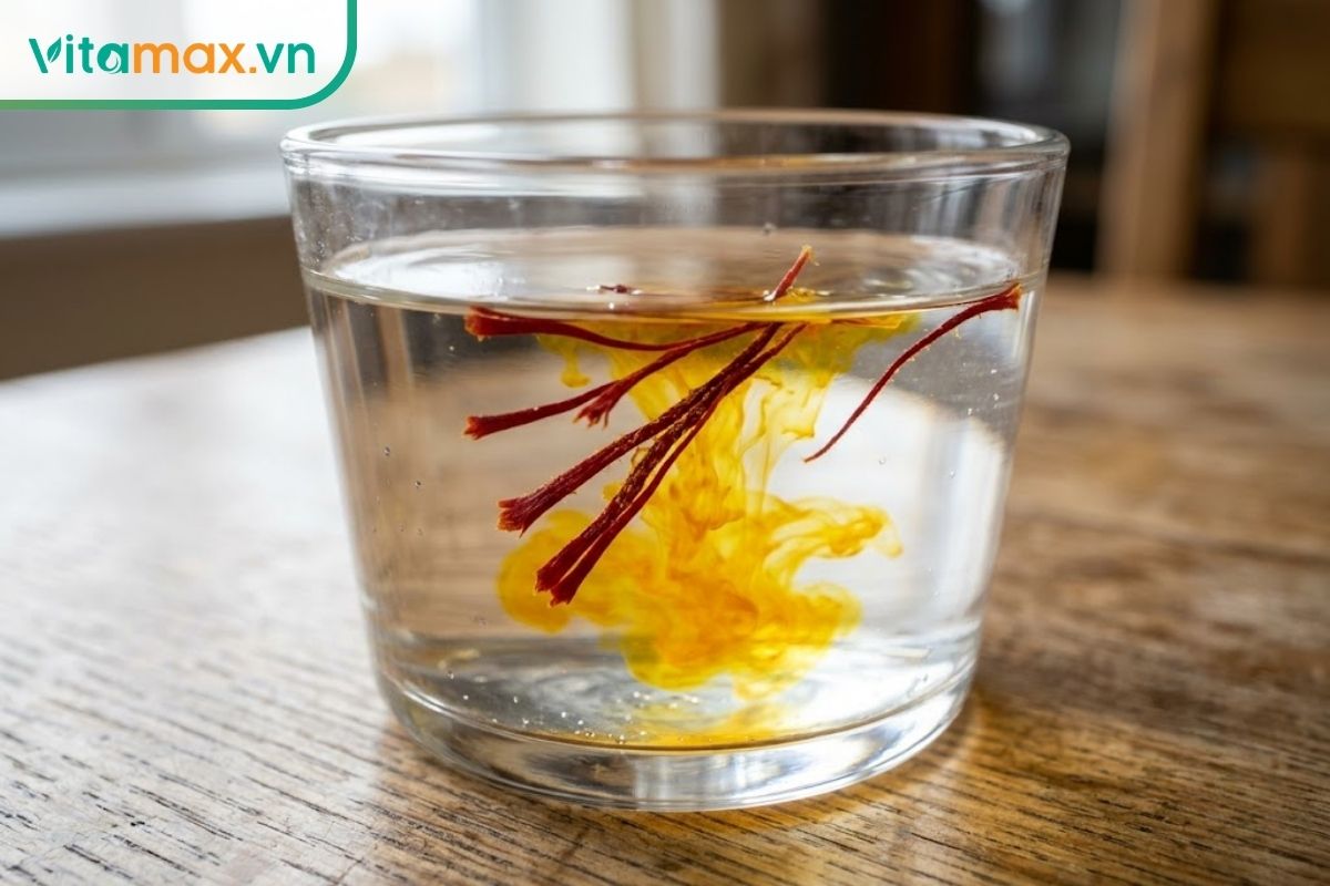 Cận cảnh những sợi nhụy hoa nghệ tây màu đỏ thẫm đang dần loang màu vàng óng ả ra ly nước ấm trong suốt trên mặt bàn gỗ.