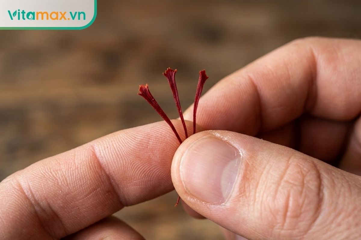 Cận cảnh những ngón tay đang cầm vài sợi nhụy hoa nghệ tây màu đỏ thẫm, khô ráo, đầu sợi loe nhẹ hình chiếc kèn, thể hiện đặc điểm của saffron thật.