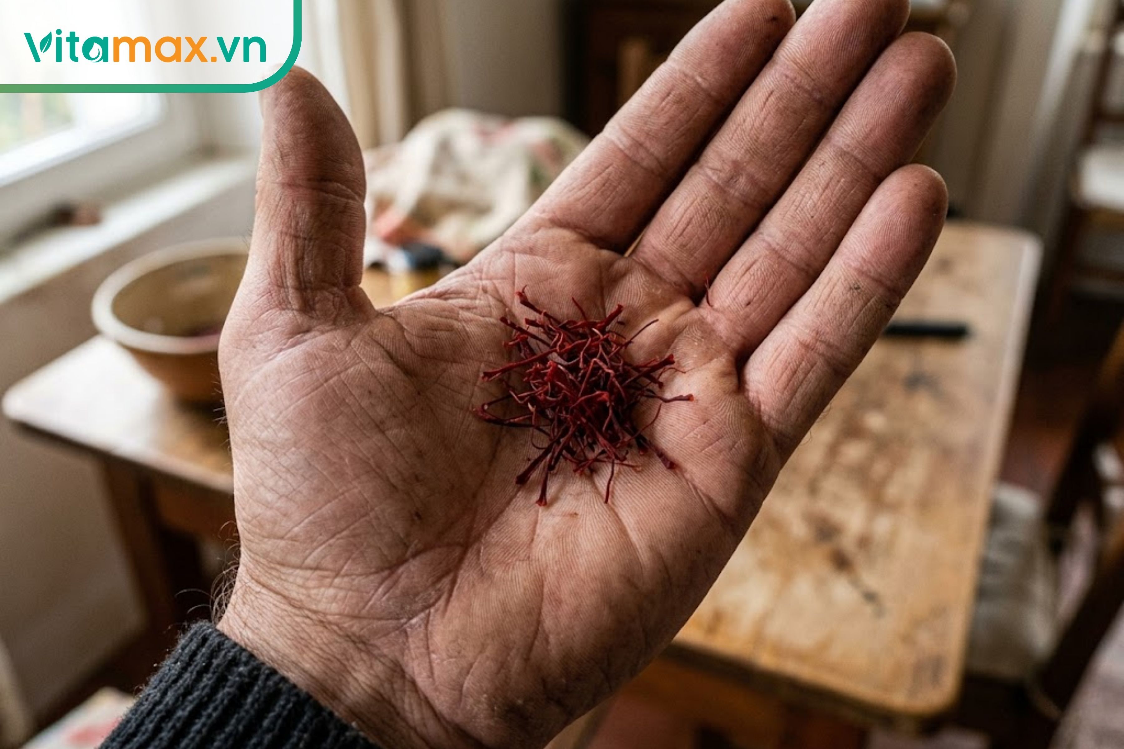 Cận cảnh những sợi nhụy hoa nghệ tây màu đỏ sẫm nguyên chất đặt trên lòng bàn tay nam giới.