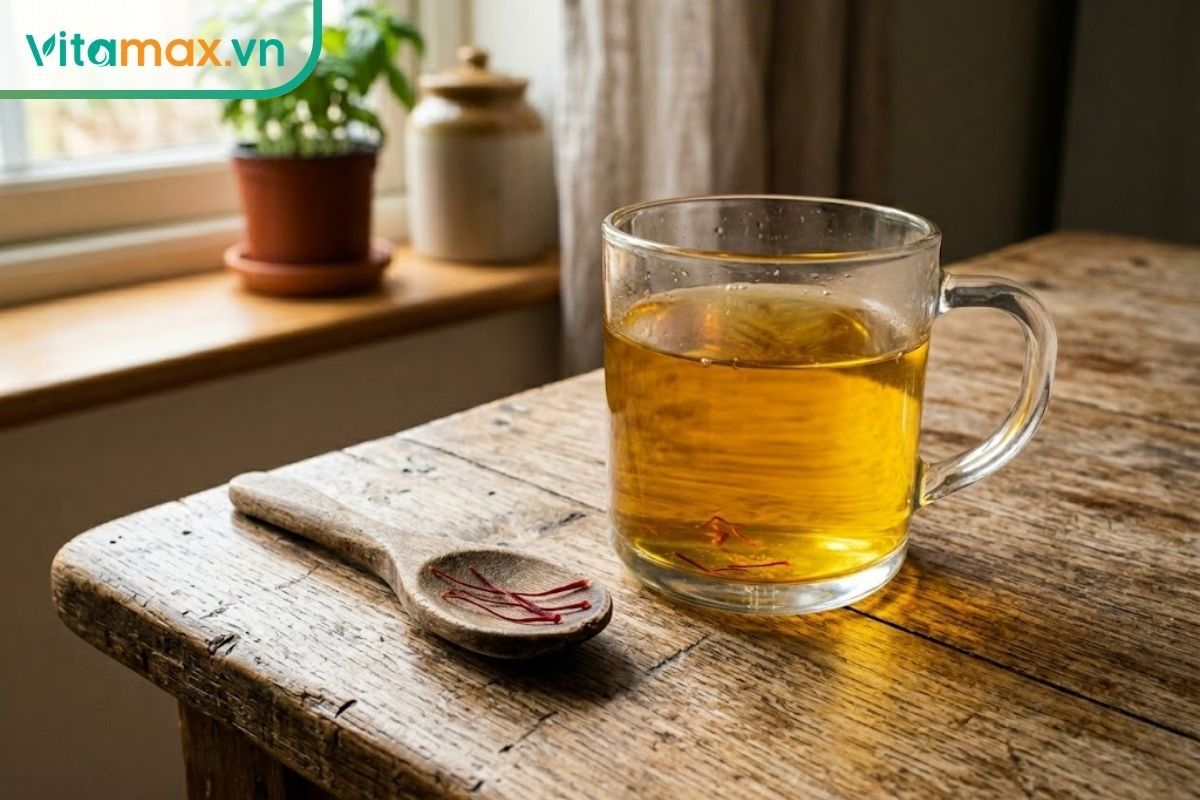 Cốc trà saffron màu vàng óng và vài sợi saffron khô trên thìa gỗ minh họa cho việc sợi saffron có ăn được không.