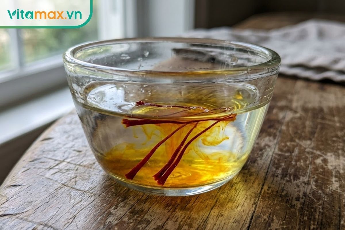 Cận cảnh sợi nhụy hoa nghệ tây thật đang từ từ tiết ra màu vàng óng chứa dưỡng chất khi được ngâm trong nước.