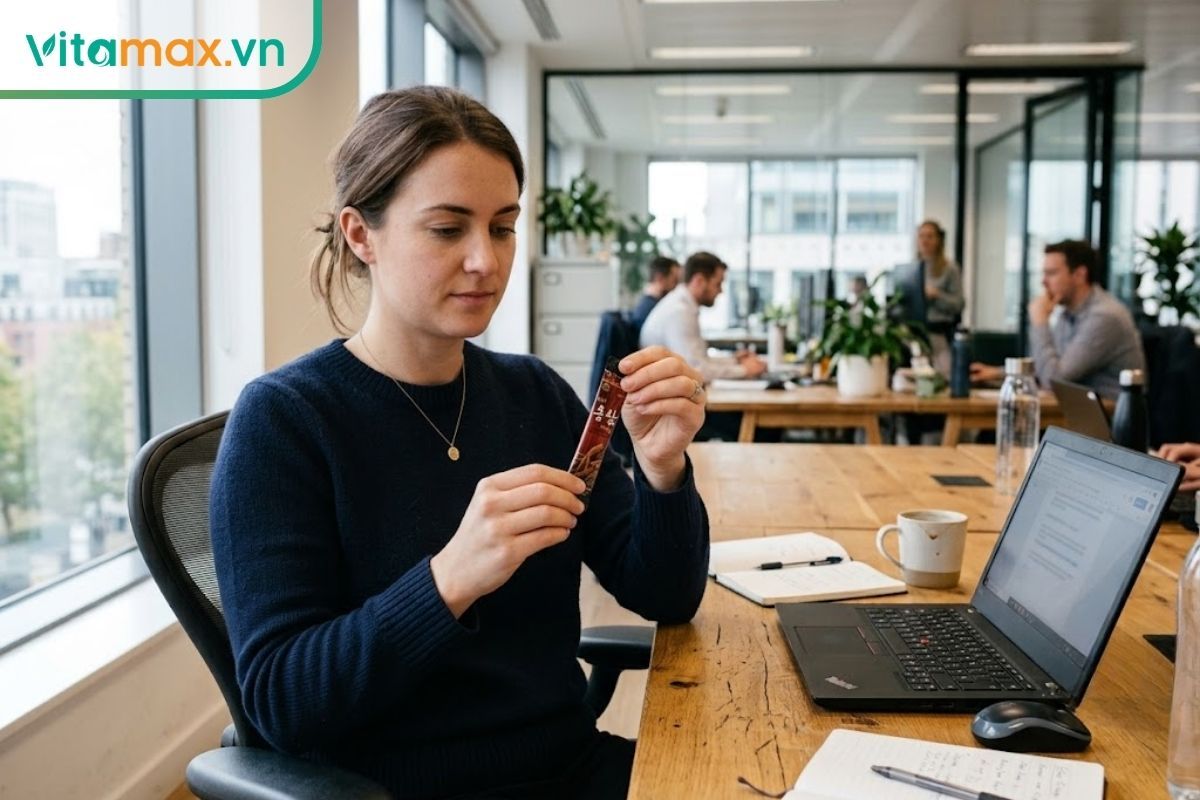 Một người phụ nữ đang ngồi làm việc tại bàn văn phòng, tay cầm một gói nước cốt sâm bằng giấy bạc đã cắt mép sẵn để uống trực tiếp một cách tự nhiên.