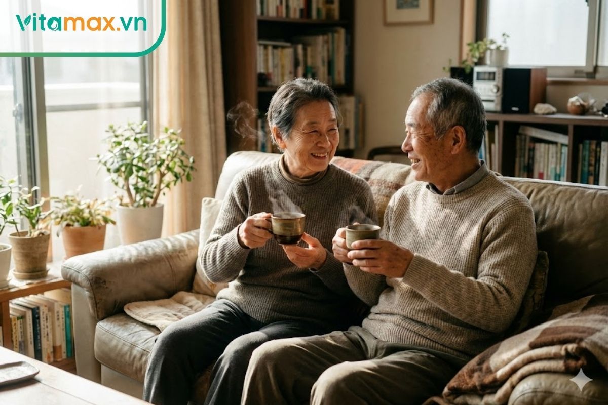 người cao tuổi thưởng thức trà sâm mật ong ấm để bồi bổ sức khỏe