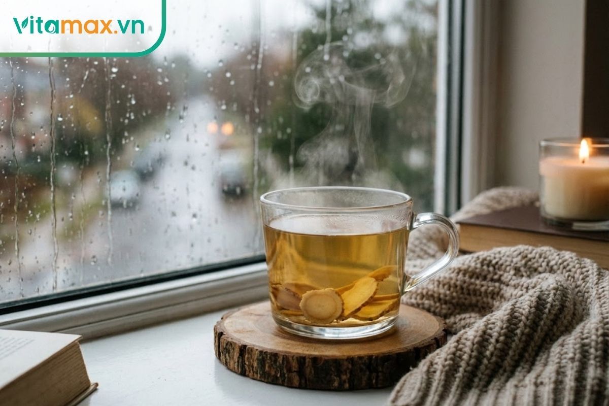 Tách trà sâm nóng hổi bốc khói nhẹ nhàng.