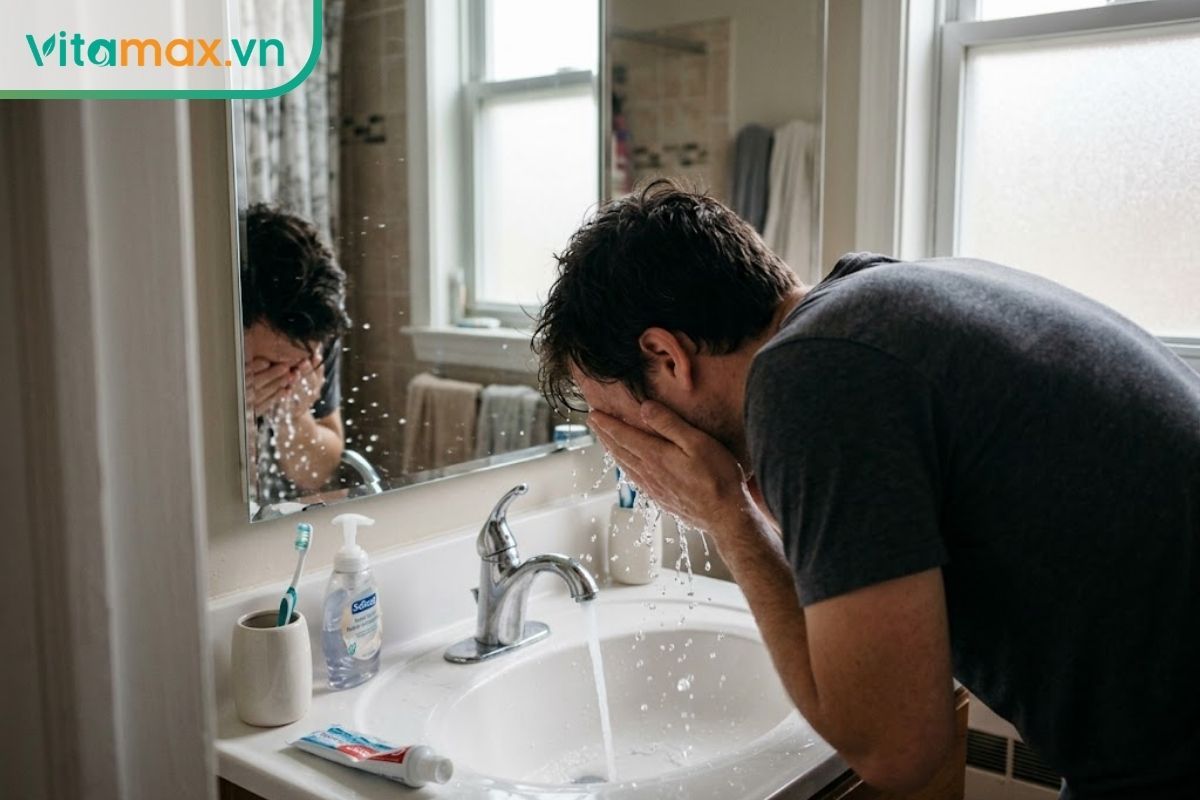 Dòng nước sạch đang chảy từ vòi xuống bồn rửa mặt, minh họa việc cần súc miệng lại bằng nước sau khi ngậm mật ong.