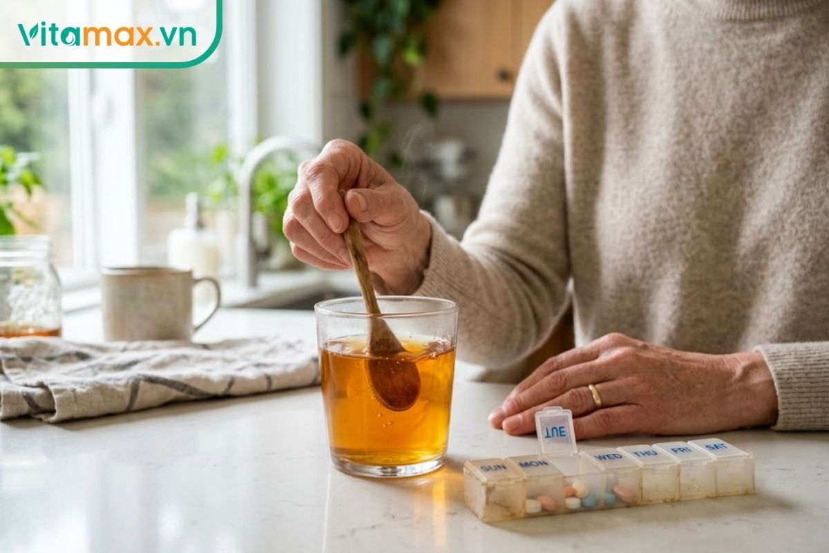 Một người đang khuấy ly nước mật ong ấm trên bàn bếp, bên cạnh là một hộp chia thuốc y tế nhỏ, bối cảnh ánh sáng tự nhiên ấm áp thể hiện sự quản lý sức khỏe.